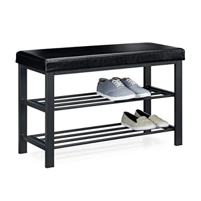 Afbeelding van Relaxdas schoenenbank met zitkussen, open, 6 8 paar schoenen, schoenenrek metaal, kunstleer, HxBxD 49x81x31 cm, zwart