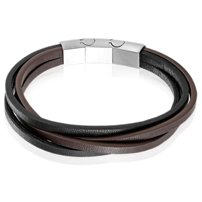 Afbeelding van Mendes Heren armband Leer Edelstaal Verstelbaar Bruin Zwart Zilverkleurig