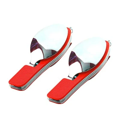 Afbeelding van QitinDasen 2 stuks premium 4 in 1 campingbestek, klapbestek, roestvrij staal, outdoor campingbestekset, mes, vork, lepel, flesopener, set (rood)