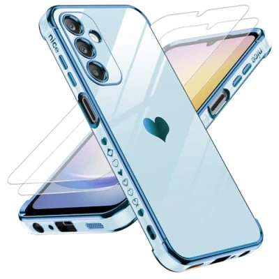 Afbeelding van LeYi Beschermhoesje voor Samsung Galaxy A25 5G, hoes met gehard glas, hart bumper, zacht TPU, dunne camerabescherming, 2 stuks, blauw