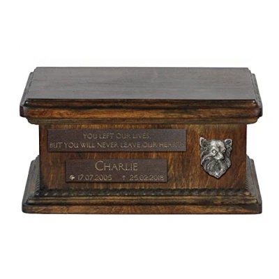 Afbeelding van Art Dog Custom Low Memorial Urn Handgemaakt koud gegoten bronzen portret op berkenbasis Gepersonaliseerde hondencrematiedoos 8,3x11,4x4,3 Chihuahua (langharig)