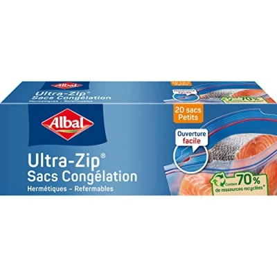 Afbeelding van Albal Ultra Zip vrieszak, klein, 1 l, 70% gerecyclede grondstoffen, drielaags, gemakkelijk te openen, luchtdichte ritssluiting, voedselveilig, 17 x cm