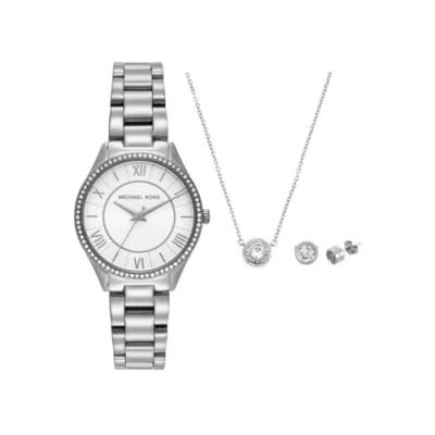 Afbeelding van Michael Kors dames Lauryn horloge met ketting en oorknopjes in set van 3 MK4851SET de kleur Zilver