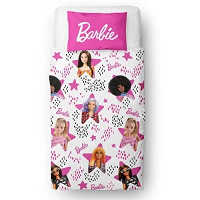 Afbeelding van Barbie Officiële eenpersoonsdekbedovertrek set Stars Design omkeerbaar 2 zijdig beddengoed inclusief bijpassende kussensloop Character World Brands Eenpersoonsbedset