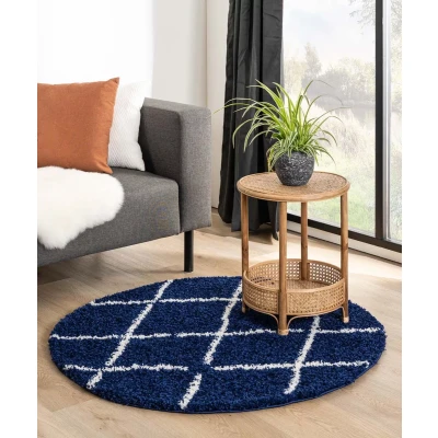 Afbeelding van Rond Hoogpolig Tapijt/Vloerkleed Ruiten Habitat Marineblauw/wit 120 Cm