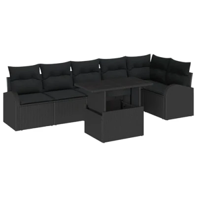 Afbeelding van vidaXL 7 delige Tuin Sofa Set met Kussens Zwarte Poly Rattan, 2 zits Opslag &amp; Rattan