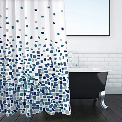 Afbeelding van ANSIO douchegordijn 180 x cm (71 71 inch) mozaïek patroon blauw, badgordijn, schimmelwerend &amp; wasbaar met 12 douchegordijnringen 100% polyester