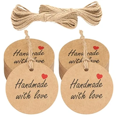 Afbeelding van Geschenkhanger kraftpapier hanger rond &quot;Handmade with Love&quot; etiketten 5 cm, 100 stuks met jute koord, voor kerstcadeaus, feestgeschenken (bruin)