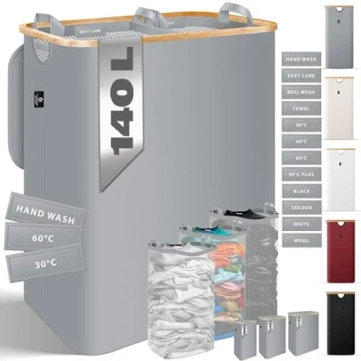 Afbeelding van KESSER® Wasmand met deksel opvouwbaar Wasbox Wasemmer Wasverzamelaar uitneembare waszakken Wasmanden voor gesorteerde was inclusief wasinstructies