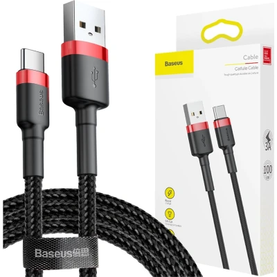 Afbeelding van Baseus Gevlochten USB C Fast Charge Kabel 1 Meter 3A Zwart Rood