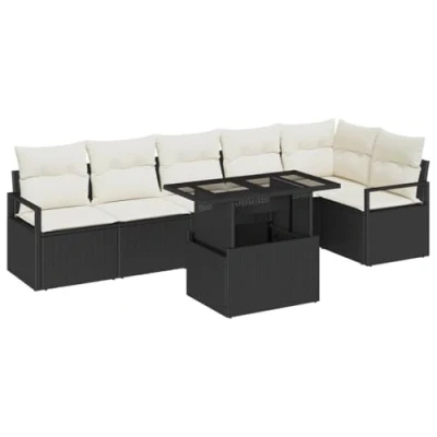 Afbeelding van vidaXL 7 Delige Tuin Sofa Set met Kussens Zwart Poly Rattan, 2 Zits Rattan