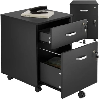 Afbeelding van tectake® Ladenkastje Met 2 afsluitbare lades, vergrendelbare wielen Rolkast Organizer Perfect voor een georganiseerde werkplek Kantoor, studeerkamer , thuiswerkplek Zwart