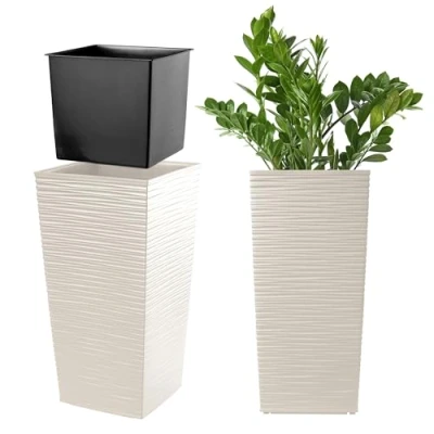 Afbeelding van KADAX Bloempot, bloembak van kunststof, plantenbak voor bloemen, binnen en buiten, tuin, balkon, terras, huis, weerbestendig, rotan imitatie (46,5 cm hoog, crème)