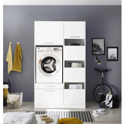 Afbeelding van Wasmachine ombouwkast en wasmand kast met halfhoge deuren verhoger lade Wit Hoogte 200 cm ombouw meubel
