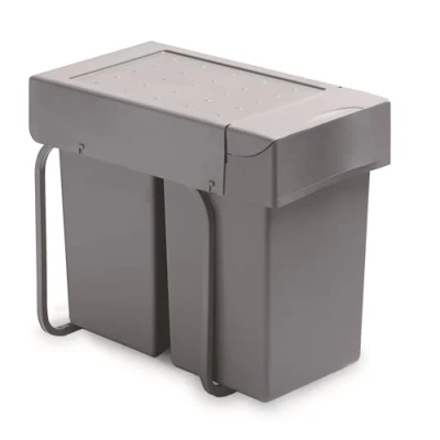 Afbeelding van Victory Inbouw afvalbak Double Man 28 liter in aluminium grijs gedeeltelijk uittrekbaar keuken vuilnisemmer