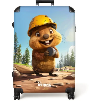 Afbeelding van NoBoringSuitcases.com® Koffer groot Reiskoffer lichtgewicht Bever met gele bouwhelm Rolkoffer 4 wielen Grote trolley XL 98 liter bagage