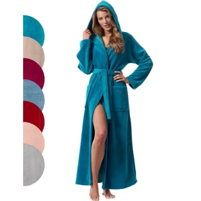 Afbeelding van Morgenstern badjas dames extra lang capuchon bamboe katoen microfiber badstof velour blauw turkoois XL