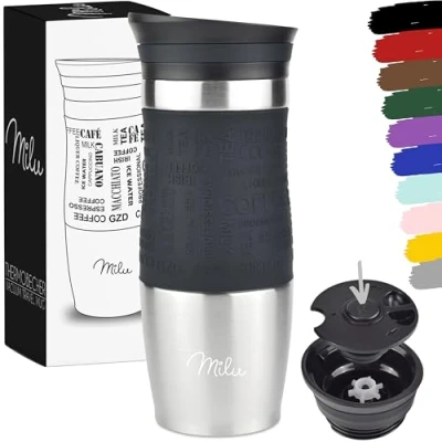 Afbeelding van Milu thermobeker 370 ml, 450ml 100% lekvrij isoleerbeker, koffiebeker to go, drinkbeker van roestvrij staal autobeker dubbelwandige isolatie reismokken Travel mug (370ml, Zwart)