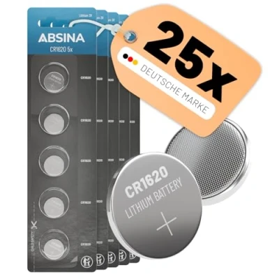 Afbeelding van ABSINA CR1620 3V lithium knoopcel, 5 stuks, CR 1620 knoopbatterij, lekvrij en lange houdbaarheid, knoopcel voor autosleutels, horloge UVM