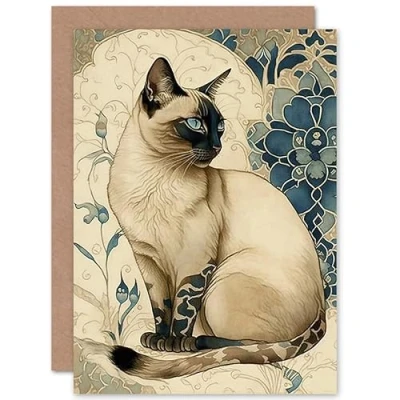 Afbeelding van Artery8 Siamese Cat with Blue Flower Pattern Modern Art Nouveau Watercolour Illustration Birthday Sealed Greeting Card Plus Envelope Blank inside
