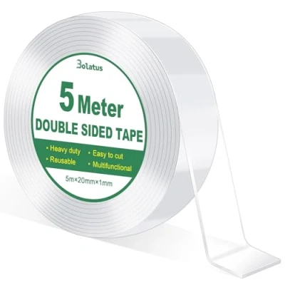 Afbeelding van Bolatus dubbelzijdig plakband, 5 m, transparant, extra sterk, nano verwijderbaar, voor thuis, keuken, auto of multifunctioneel (1 rol)