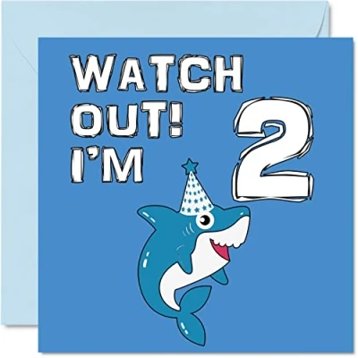 Afbeelding van 2e verjaardagskaart jongen Shark Watch Out Happy Birthday Card 2 jarige jongen, jongenskaarten voor hem, 145 mm x wenskaart zoon broer kleinzoon neef god tweede verjaardag