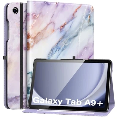 Afbeelding van MoKo Case for Samsung Galaxy Tab A9 Plus 11&quot; 2023 (SM X210/SM X216/SM X218), PU Leather Multi Angle Viewing Folding Stand Cover with Hand Strap, Front Pocket, Auto Wake/Sleep, Purple Marble