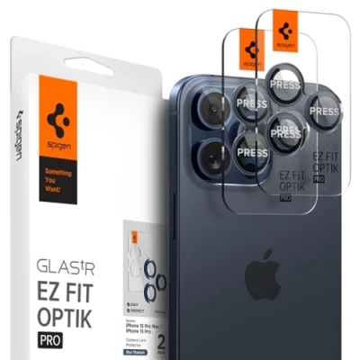 Afbeelding van Spigen GlasTR EZ Fit Optik Pro Camera Lens Protector Geschikt voor Apple iPhone 15 / Max met Installatieframe Duo Pack Titanium Blauw