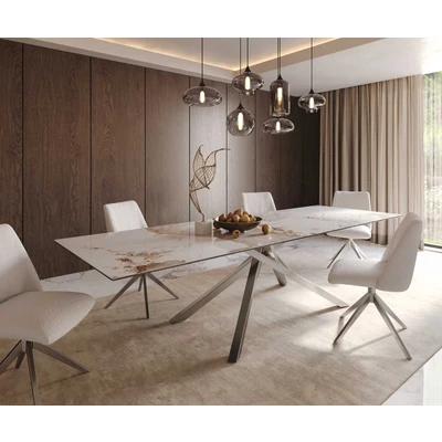 Afbeelding van DELIFE Eetkamertafel Edge 300x100 keramiek Minas Melange wit beige kruisframe rechthoek RVS