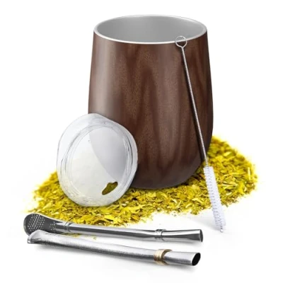 Afbeelding van Aquafloow Dubbelwandige Yerba Mate Beker 350 ml + 2 Stuks Stalen Rietjes, met BPA vrij Deksel, Roestvrijstalen Theeset voor Mate, Bruin
