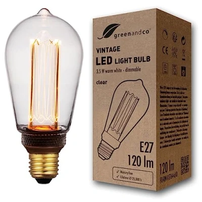 Afbeelding van greenandco® Vintage stijl, dimbare ledlamp, E27, ST64, 3,5 W, 120 lm, 1800 K, zeer warm wit, 320 graden, 230 V, helder, geen flikkeren