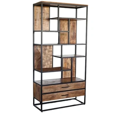 Afbeelding van Kast industrieel mangohout Xavi bruin mango hout wandkast 180cm vakkenkast duurzaam