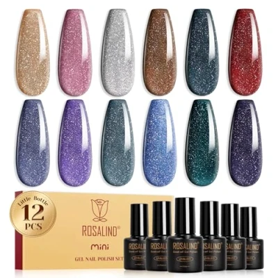 Afbeelding van ROSALIND uv nagellak, 12 kleuren glitter bruin zilver roze zwart rood violet gel nagellak set, soak off mini kleurgel gelnagels voor nageldesign manicure cadeau