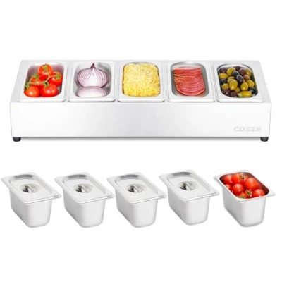 Afbeelding van cozze® pizza toppingstation, roestvrijstalen ingrediëntenhouder met deksel voor pizzazaag; professioneel pizzabezettingsstation 5 vakken; accessoires keuken en horeca