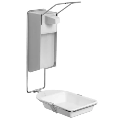 Afbeelding van ARNOMED 1x desinfecterende dispenser met lekbak, aluminium zeepdispenser voor 1000ml, wandmontage lange armhefboom, Euro desinfecterend middel,