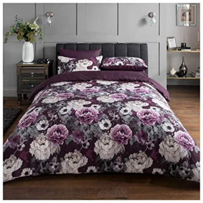 Afbeelding van Sleepdown Beddengoedset met bloemenpatroon, onderhoudsvriendelijk, zacht, behaaglijk, omkeerbaar, paars, 2 kussenslopen 80 x cm, 155 220 cm