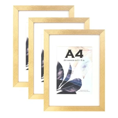 Afbeelding van Gouden Houten A4 Fotolijst Met Houder, Set Van 3 Poster/Certificaatlijst, Vrijstaand en Wandmontage