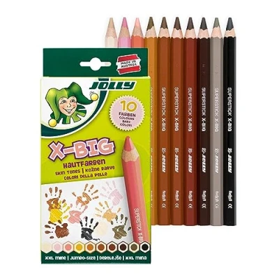 Afbeelding van JOLLY X Big Skin Colour Set 10 kleuren Dikke Kleurpotloden School 1e klas voor kinderen Potloden Onbreekbaar Jumbo formaat Kleurintensief