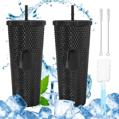 Afbeelding van BORDEAG Drinkbekers met deksel en rietje, 750 ml, thermobekers bekers waterbeker grote inhoud pannenborstel, zwart, 2 stuks