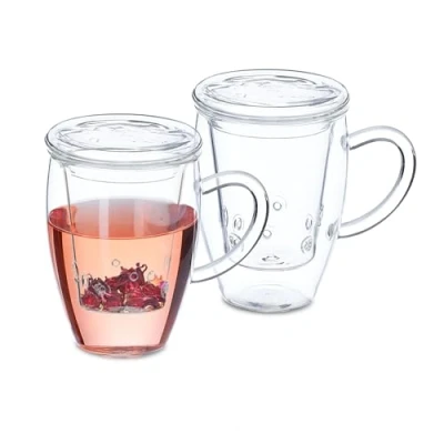 Afbeelding van Relaxdays theeglas set van 2 met filter deksel 450 ml boriumsilicaatglas