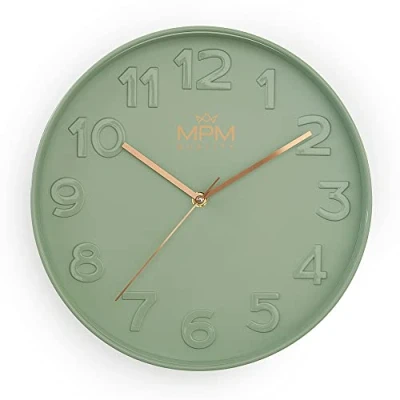 Afbeelding van MPM Moderne wandklok van kunststof met goed zichtbare cijfers, kunststof, glas, lichtlopend geen tikken, 305x305x42 mm, groene trendy E01.4155.40