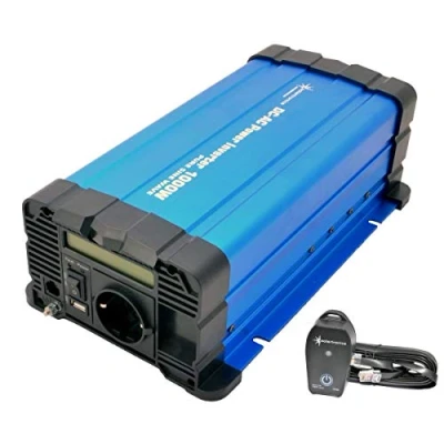 Afbeelding van solartronics Spanningstransformator FS1000D 12V 1000/2000 Watt pure sinus BLAUW m. Display FS Serie LiFePO4 Lithium AGM gel lood inverter omvormer (met kabelafstandsbediening CR80)