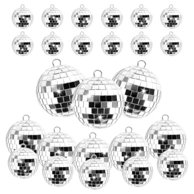 Afbeelding van Disco spiegelbal, 25 stuks zilveren spiegelballen om op te hangen, mini discobal decoratie kleine discoballen met touw voor thuisfeest, bruiloft, kerstboom, verjaardagsfeest, (4 maten)