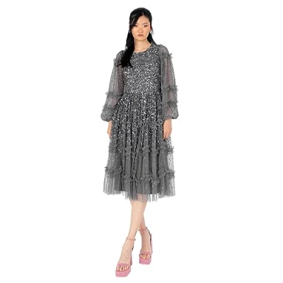 Afbeelding van Maya Deluxe Dames Midi Ladies Lange Mouwen Sequin Embellished Ruffle voor Bruiloft Guest Bridesmaid Gelegenheid Avondjurk Avondjurk, antraciet, 50 NL
