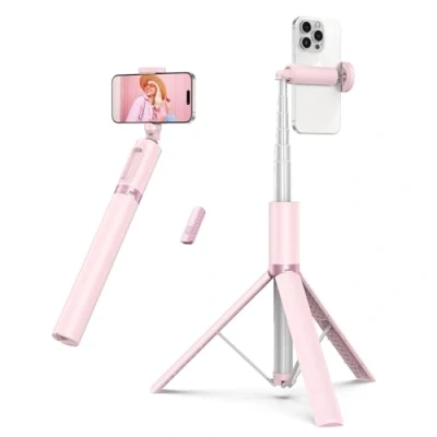 Afbeelding van ATUMTEK selfie stick 140 cm, smartphone statief met oplaadbare Bluetooth afstandsbediening, uitschuifbare aluminium statief, compatibel iPhone, Samsung en Android telefoons Roze