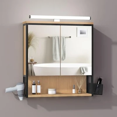 Afbeelding van EUGAD Spiegelkast badkamer met verlichting, badkamerkast spiegel, hangend, verstelbare opbergmand, van metaal MDF, zwart + licht eiken