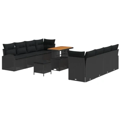 Afbeelding van vidaXL 11 Delige Tuinsofa Set met Kussens Zwart Poly Rattan Acacia, 2 Zits Rattan, 3 Tuin Eetset Acacia