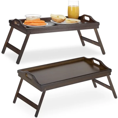 Afbeelding van Relaxdays 2x bedtafel bamboe bruin vouwtafel dienbladtafel dienblad bed rand
