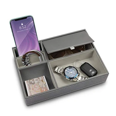 Afbeelding van Belle Vous Grijs Faux Lederen 5 Compartimenten Valet Lade/Nachtkastjesorganiser Lade Bureau Opslag Doos Voor Beurs, Telefoon, Sleutels, Sieraden, Mannen Accessoires, Geld, Armbanden Juwelenopslag