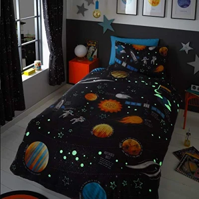Afbeelding van Happy Linen Company Jongens meisjes kinderen planeten ruimte raketten glow in the dark marineblauw eenpersoons dekbedovertrek beddengoed set